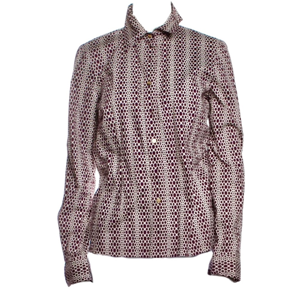 Tory Burch Shirt ,stretch cotton, burgundy white geometric, size 10
